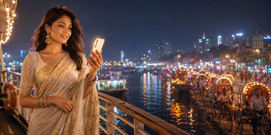 ঢাকায় শাড়ি পরা মডেল মোবাইলে ক্যাসিনো পুরস্কার চেক করছেন
